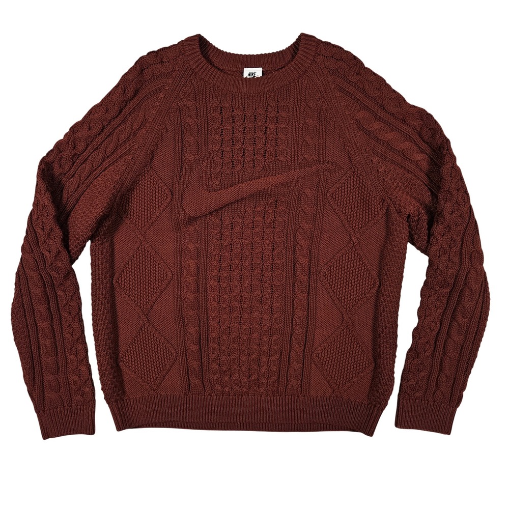 Nike (Men's Medium) Sweater Burgundy Life Cable Knit Long Sleeve Swoosh Logo